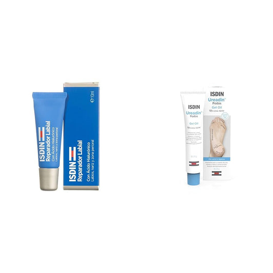 ISDIN reparador labial fluido con acido hialuronico. 10 mililitro, 1 + Ureadin Podos Gel Oil, Repara e hidrata los pies secos y agrietados, 75ml