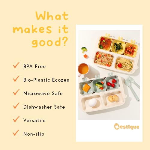 NESTIQUE Rabbit One Plate para bebés y niños pequeños, vajilla para niños sin BPA, diseño dividido, resistente al calor, apto para microondas y lavaplatos (azul cielo)