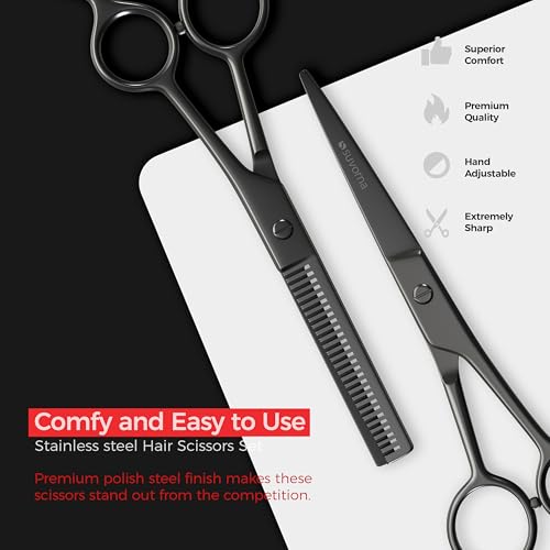 Suvorna Juego de tijeras de corte de pelo de 6,5 pulgadas con tijeras de adelgazamiento para peluqueros, peluqueros y uso doméstico - Juego de tijeras de pelo para adelgazar y cortar (negro)