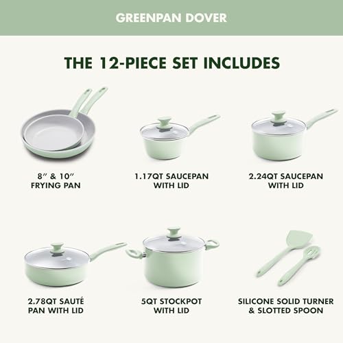 GreenPan Dover Healthy Ceramic antiadherente, juego de 12 ollas y sartenes de cocina, sin PFAS, apto para lavaplatos, mango cómodo, verde pastel