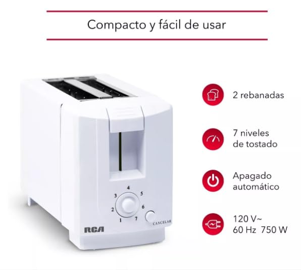 Tostador de Pan RCA, 2 ranuras, siete niveles de temperatura, boton para cancelar, bandeja de residuos extraible, blanco, modelo RC-T1