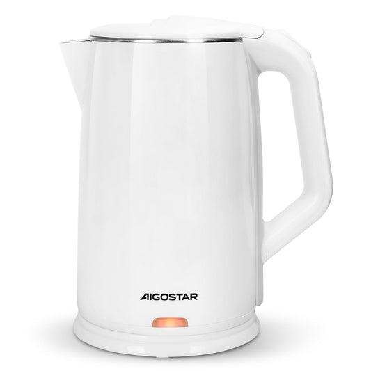 Aigostar Hervidor, Tetera Eléctrica de 1.7 Litros, Doble Pared de Acero Inoxidable, Apagado Automático, 1200w, Base Removible, Blanco (blanco)