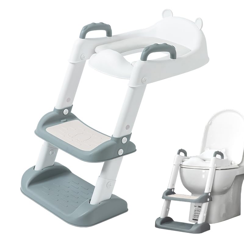 SLNXA Baño Entrenador Niño Asiento de Entrenamiento para Baño para Niños Asiento Entrenador para Inodoro con Escalera Plegable Antideslizante con Acolchonado y Agarres, Edad de 2 a 7 Años (Gris)