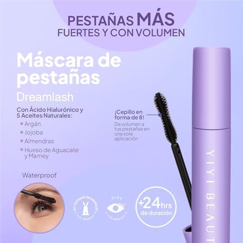 YIYI Beauty by Lesslie Polinesia, Mascara de pestañas Dreamlash a prueba de agua, brinda alargamiento, ojos visiblemente mas grandes, volumen extremo. Negro Intenso y larga duración.