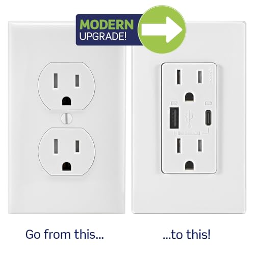 Leviton T5634-W 60W (20V a 2.5A+ 5V a 2A) Cargador USB de Doble Tipo A/Tipo-C para Entrega de energía en la Pared con Toma de 15A Resistente a manipulaciones, Cargador USB para Smartphones, tabletas,