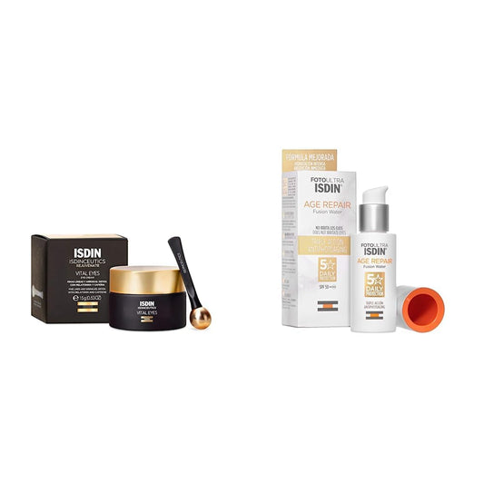 ISDIN Isdinceutics vital eyes, crema contorno de ojos antiarrugas, con melatonina y cafeina, 15 ml + FotoUltra Age Repair Fusion Water SPF 50, Protector Solar Facial de fase acuosa