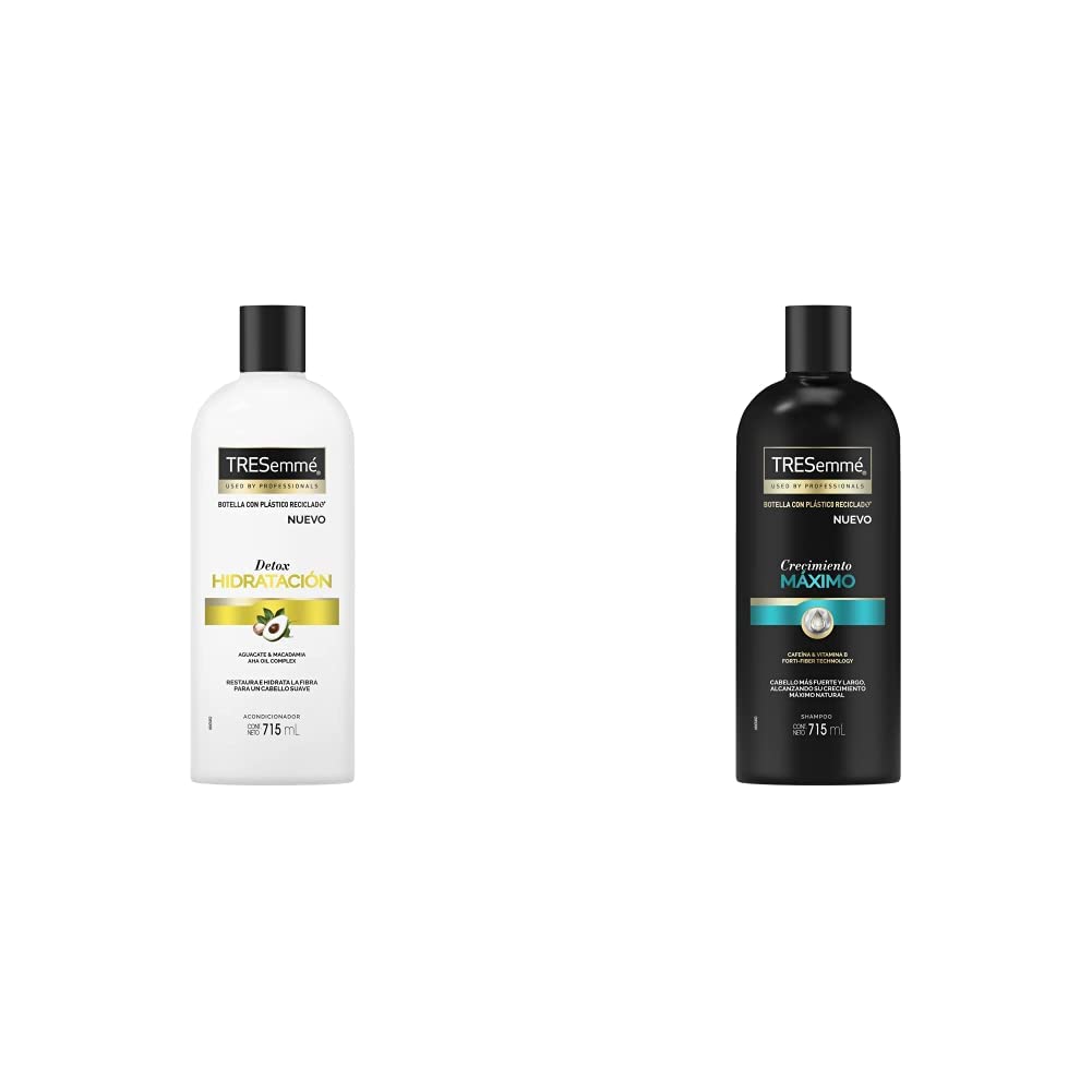 TRESemme Acondicionador sin parabenos Detox Hidratación con aguacate y macadamia 715 ml + Tresemmé Shampoo sin parabenos y sin colorantes Crecimiento Máximo con cafeína y vitamina B 715 ml