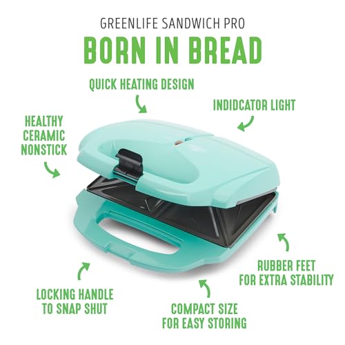 GreenLife Pro - Parrilla eléctrica Panini Press y sandwichera, placas antiadherentes de cerámica saludables, luz indicadora fácil, sin PFAS, turquesa