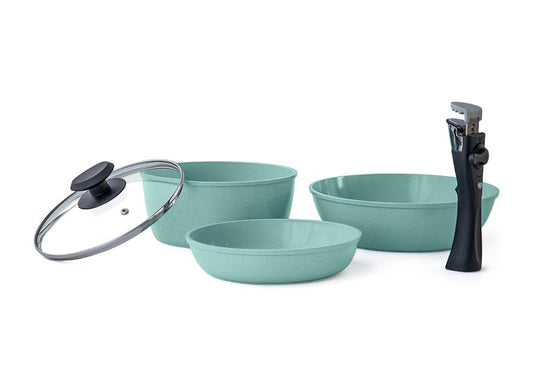 JADECOOK Bateria Jade Smart by Jade Cook® | Batería de cocina antiadherente 4 piezas + mango intercambiable, con 6 capas de recubrimiento antiadherente 100% libre de tóxicos