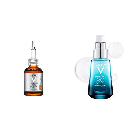 Serum Anti-Oxidante Vitamina C Vichy Liftactiv Supreme 20 ml + Minéral 89 Contorno de Ojos - Gel con Ácido hialurónico y Cafeína pura, alisa, hidrata e ilumina, sin fragancia, para piel sensible.