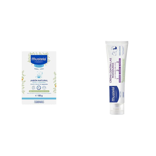 Mustela Jabón Natural Piel Normal, Facial Y Corporal En Barra, 100G + Crema Contra Rozaduras 1-2-3 con Oxido de Zinc para Todo Tipo de Piel, 108 gr