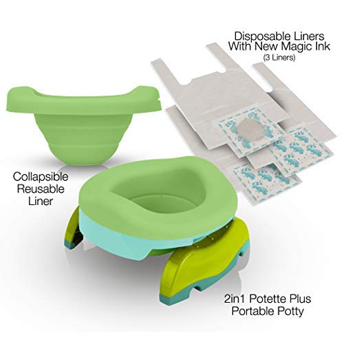 Potette Plus - Paquete económico para orinal: Kalencom Potette Plus portátil 2 en 1 y forro plegable reutilizable para uso doméstico (verde azulado/verde)