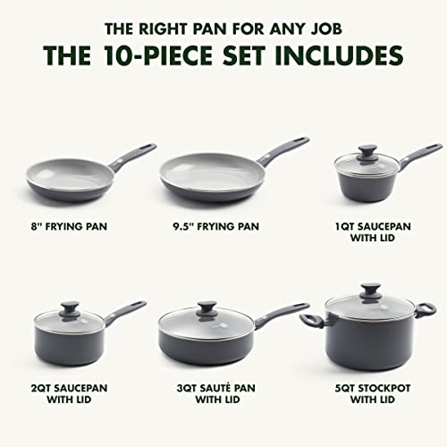 GreenPan Dover Healthy Ceramic antiadherente, juego de 10 ollas y sartenes de cocina, sin PFAS, apto para lavaplatos, mango de agarre cómodo, color gris