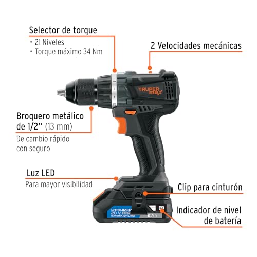 Truper Max MAX-20T, Taladro inalámbrico 1/2", motor libre de carbones (brushless), con 2 baterías Ion Litio 2 Ah y maleta de 14", 20 V