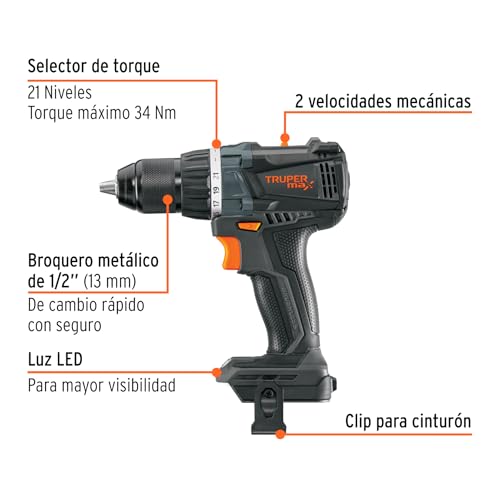 Truper Max MAX-20TS, Taladro inalámbrico 1/2", motor libre de carbones (brushless), sin accesorios