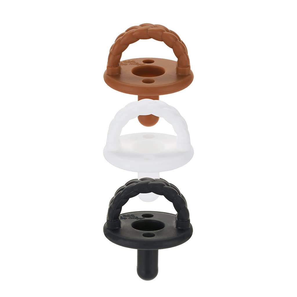 Itzy Ritzy Sweetie - Juego de 3 chupetes de silicona para recién nacidos con mango plegable y dos agujeros de aire para mayor seguridad; juego de café y crema de 3 pulgadas, edades recién nacidas y mayores