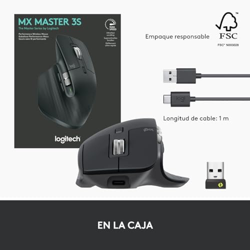 Logitech MX Master 3S Mouse Inalámbrico de Desempeño, Scrolling Ultra-rápido, 8K dpi, Seguimiento sobre Vidrio, Clics Silenciosos, USB-C, Bluetooth