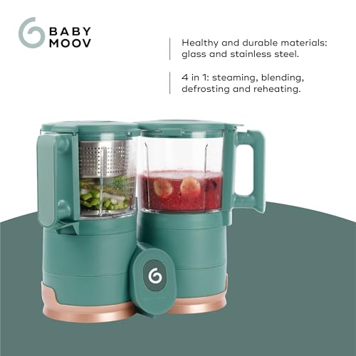 Babymoov Duo Meal de Vidrio 4 en 1: Procesador de Alimentos para Bebés con Vaporizador de Vidrio Incorporado, Cesta de Acero Inoxidable y Licuadora de Vidrio (Capacidad de Más de 6 Tazas), Verde
