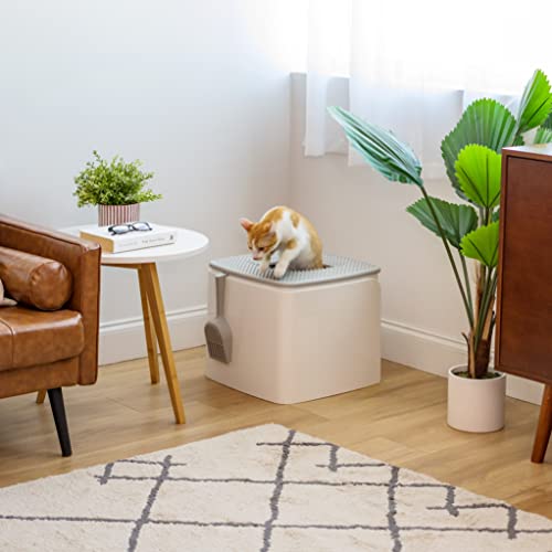 Caja de Arena para Gatos IRIS USA Blanco Gris de Alta Calidad con Entrada Superior y Control de Olores