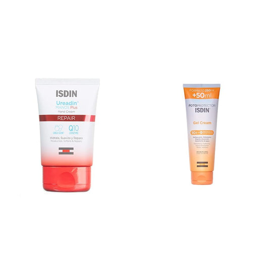 Isdin Crema de manos hidratante Ureadin Manos Plus 50 ml + Fotoprotector Gel Cream SPF 50+, Protector Solar Corporal refrescante e hidratante, Ideal para toda la familia, 250 ml