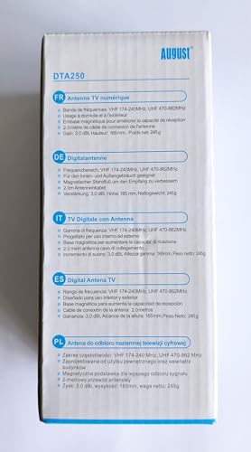 August Antena Digital HDTV DTA250 - Antena de TV portátil de Alta Ganancia con Base magnética y Cable coaxial - Alcance de 75 Millas