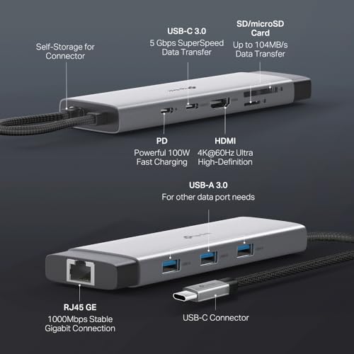 TP-Link Hub USB-C 9 en 1, HDMI 4K 60Hz, PD 100W, Ethernet Gigabit, SD/microSD, Puertos USB-C 5Gbps y 3× USB-A, Plug & Play, Compatible con MacOS, Windows, iOS, Android, ChromeOS (UH9120C)