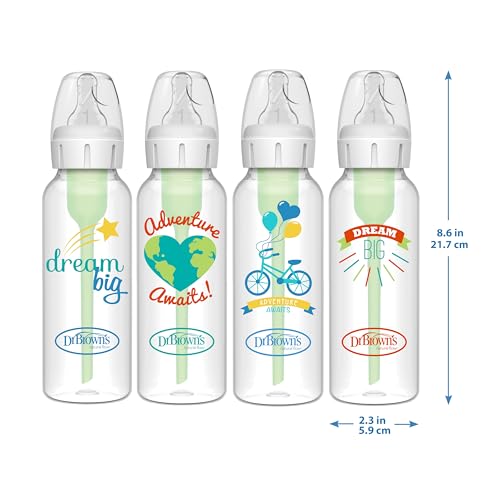 Dr. Brown's Opciones anticólicos + biberones estrechos, 0 m+ nivel 1 pezón – botella para reducir los cólicos, paquete de 4, 8 onzas, diseños de aventura de ensueño