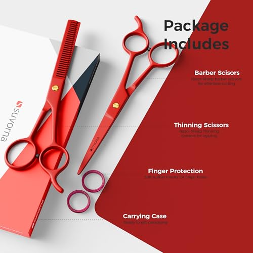 Suvorna Juego de tijeras de corte de pelo de 6,5 pulgadas con tijeras de adelgazamiento para peluqueros, peluqueros, uso doméstico - Juego de tijeras de pelo para adelgazar y cortar (rojo)