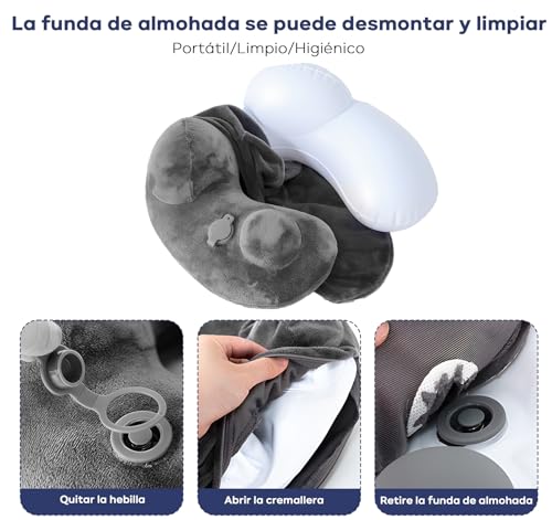 Almohada de Viaje, Almohada de Cuello, Almohada Inflable Desinflado con Máscara de Ojos, Tapones para los oídos Ruidosos, Bolsa con Cordón, Soporte de Cuello, para Avión, Oficina, Automóviles y Hogar