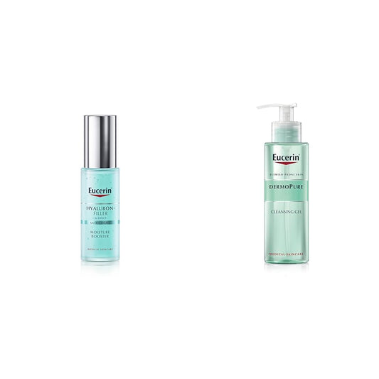 Eucerin Gel hidratante ácido hialurónico Hyaluron Filler Moisture Booster,30ml + Gel limpiador facial piel grasa imperfecciones, 400ml