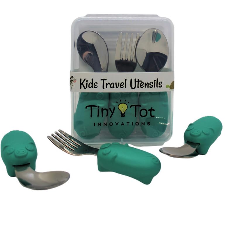 Juego de utensilios de viaje para niños con práctica funda de transporte. Incluye tenedor, cuchara universal y cuchara ergonómica para diestros. Asas de fácil agarre, utensilios de acero inoxidable