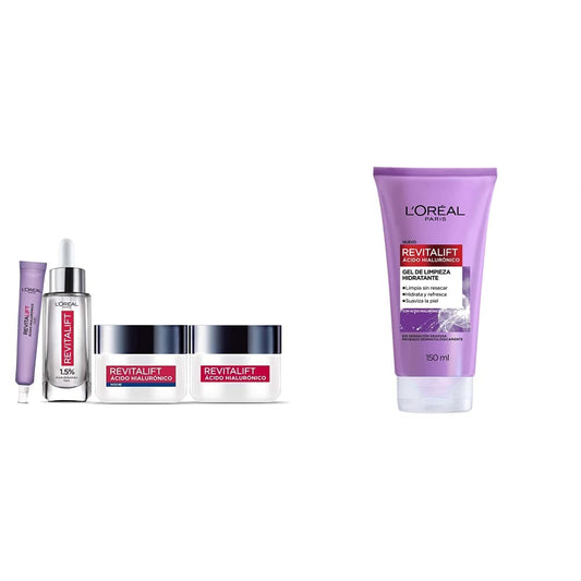 L'Oréal Paris Kit con Serum Facial, Crema de día, Crema de noche y Crema de Ojos, Revitalift Ácido Hialurónico + Gel Limpiador Facial Revitalift Ácido Hialurónico, 150 ml