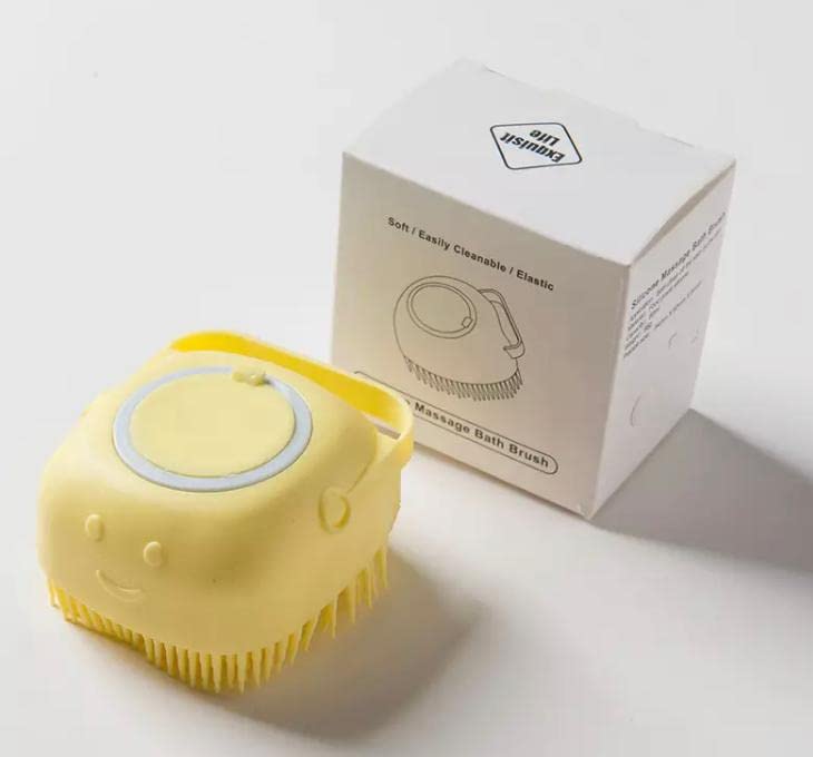 Cepillo de baño para perros y gatos, cepillo de champú de silicona suave, cepillo de masaje para mascotas, cepillo de ducha de aseo, cepillo de masaje para cachorros, dispensador de champú. (Yellow)