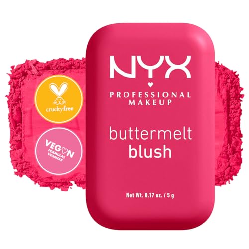 NYX Professional Makeup, Buttermelt Blush, Tono: Butta than Before (cereza). Rubor cremoso en polvo infusionado con manteca de karité, mango y almendras, hasta 12hrs de uso, no se desvanece, resistente a transferencias. Fórmula vegana.