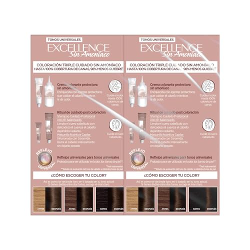 Pack de 2 tintes sin amoniaco L'Oréal Paris Excellence Tono 4U Castaño Universal - ¡Dale color a tu cabello de forma segura y duradera con nuestra fórmula sin daños ni irritaciones! Ideal para un tono castaño natural y vibrante. ¡Compra ahora!