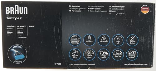 Braun TexStyle 9 SI9682 DB Ferro a vapore con tecnologia FreeGlide 3D, vapore verticale, funzione anti-goccia, funzione autopulente, apertura 330 ml, 260 g/min, 3200 W, blu scuroF