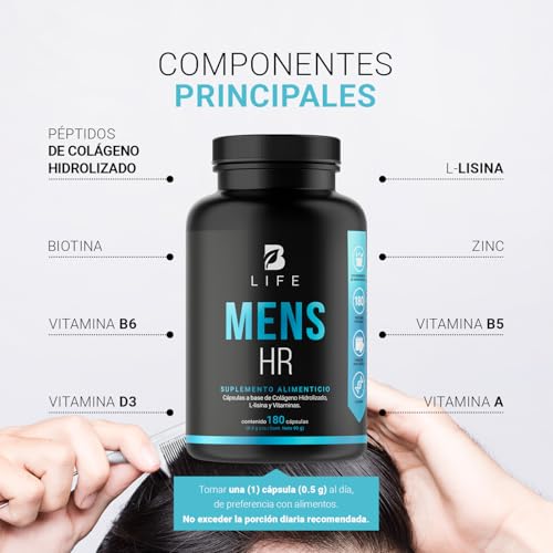 B Life Company Vitaminas para el Cabello del Hombre 180 Cápsulas 500 mg por cápsula. Colágeno Hidrolizado, L Lysina, Zinc, B5, B6, Biotina y D3. Ingredientes naturales. Mens HR.