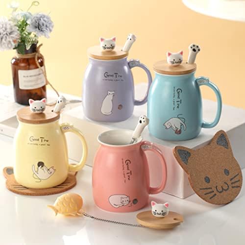 BigNoseDeer - Taza de cerámica con infusor y tapa, taza de té para gatos Kawaii, taza de té con forma de cuchara y taza de té, lindos regalos para mujeres (azul 13 onzas)