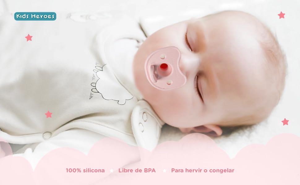 Kids Heroes Chupones para Bebe 0 a 3 Meses de Una Sola Pieza de Silicona, Chupones Ortodonticos 0-3 meses Libre de BPA, Paquete de 2 (Rosa)