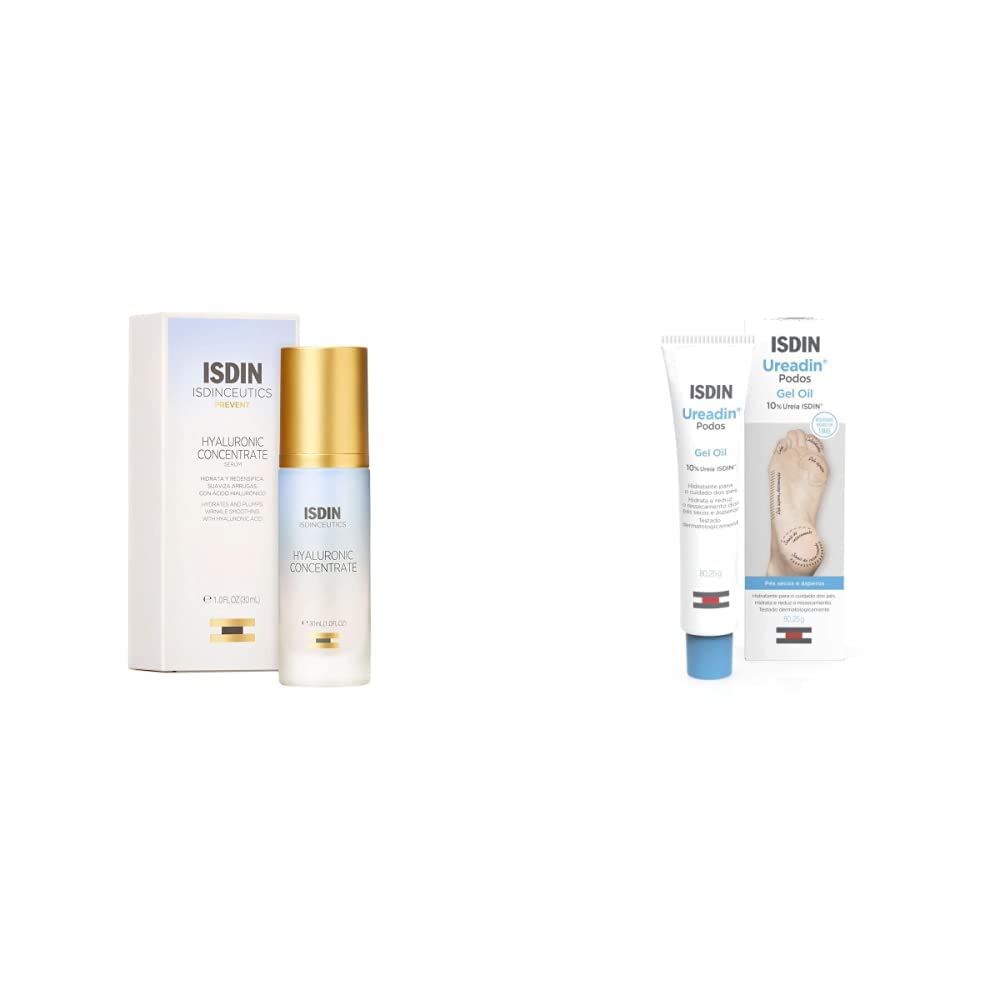 ISDIN Isdinceutics hyaluronic concentrate, serum facial ligero y ultrahidratante, con acido hialuronico - 30ml + Ureadin Podos Gel Oil, Repara e hidrata los pies secos y agrietados, 75ml