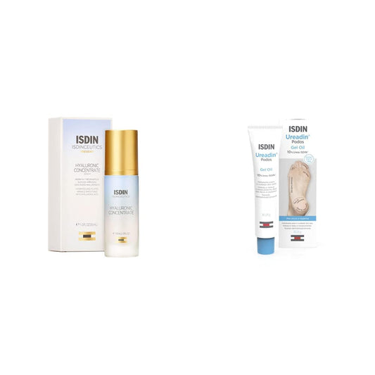 ISDIN Isdinceutics hyaluronic concentrate, serum facial ligero y ultrahidratante, con acido hialuronico - 30ml + Ureadin Podos Gel Oil, Repara e hidrata los pies secos y agrietados, 75ml