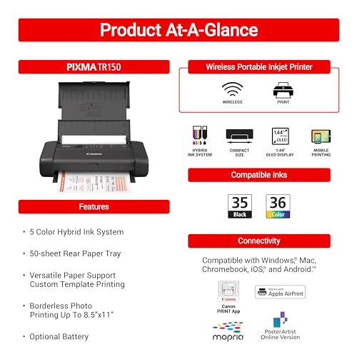 Canon Pixma TR150 - Impresora móvil inalámbrica con Airprint y Cloud Compatible, Color Negro