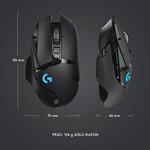 Logitech G502 LIGHTSPEED Mouse Gaming Inalámbrico, HERO 25K, 25,600 DPI, RGB, Peso Reducido, 11 Botones Programables, Batería Larga Duración, POWERPLAY-compatibile, PC, Negro - Windows