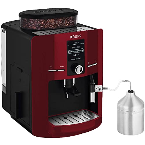 KRUPS Espresseria automática roja, es como un barista en casa gracias a su sistema Quattro Force, 1450 W, con molino integrado de 3 niveles. Capacidad 1.8 L, EA825511