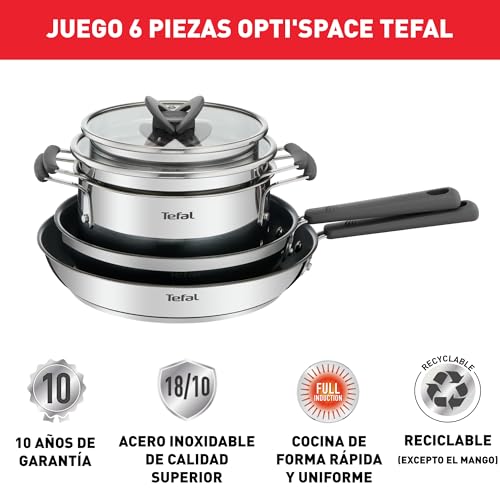 Batería de Cocina T-Fal Acero Inoxidable OPTI'SPACE 6 Piezas