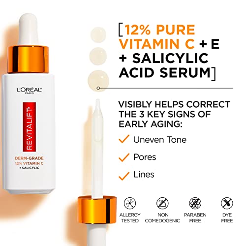 L'Oreal Paris Revitalift Vitamin C Serum with Vitamin E & Salicylic Acid, Moisturizing, Smoothing & Brightening, Non Greasy, Combats Early Signs of Aging + Sample