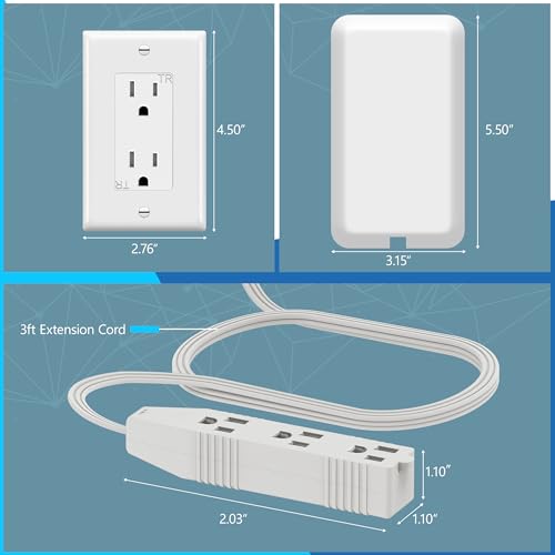 LIDER Extensor de salida de cara plana con 3 receptáculos, enchufe de placa de pared ultrafino con extensor de cable y tira de alimentación de 3 tomas, cable de 0.91 metros, LWE3-315-W2P, listado ETL