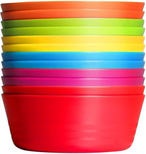 PLASKIDY - Juego de 12 cuencos de plástico para niños, aptos para microondas, lavaplatos, sin BPA, no tóxicos, 6 colores brillantes para cereales, sopa, aperitivos, para niños y niños pequeños