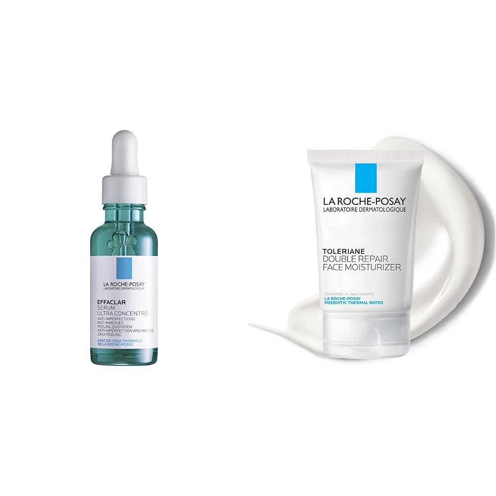 La Roche-Posay Effaclar serum anti imperfecciones + Humectante facial Toleriane Reparación Doble, 2.5 onzas líquidas Oz.