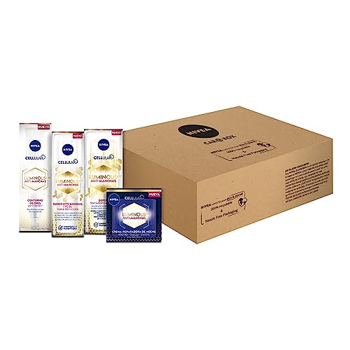 NIVEA Kit Anti-manchas Rutina Facial Completa Luminous 630 (4 piezas), Enriquecida con Ácido Hialurónico Serum facial + Fluido facial con Vitamina E y FPS50 + Contorno de Ojos Anti-ojeras + Crema de Noche Reparadora